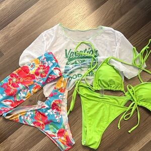 Neon Lime Triangle Bikini Set with Floral Bikini Bottom and Sheer Vacation Top